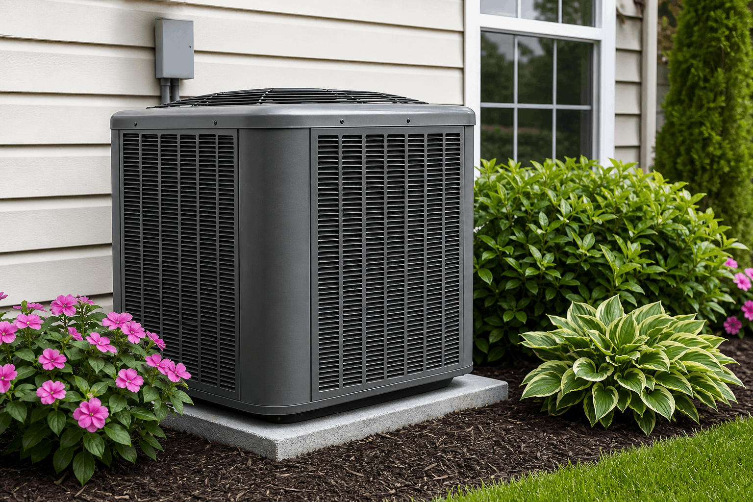 Outdoor air conditioning unit beside a home